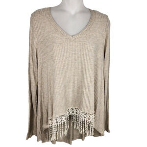 Paper Crane Womens Top Fringe Crochet Hem Pullover Tan Ribbed V Neck Large Boho